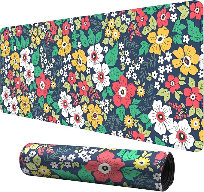 Colorful Floral and Green Leaves Desk Pad Mouse Pad,Flowers XL Mouse Mat with Stitched Edges,Non-Slip Rubber Base Large Mousepad for Office PC Keyboard Laptop and Homework Desk Mat(31.5X11.8 in)
