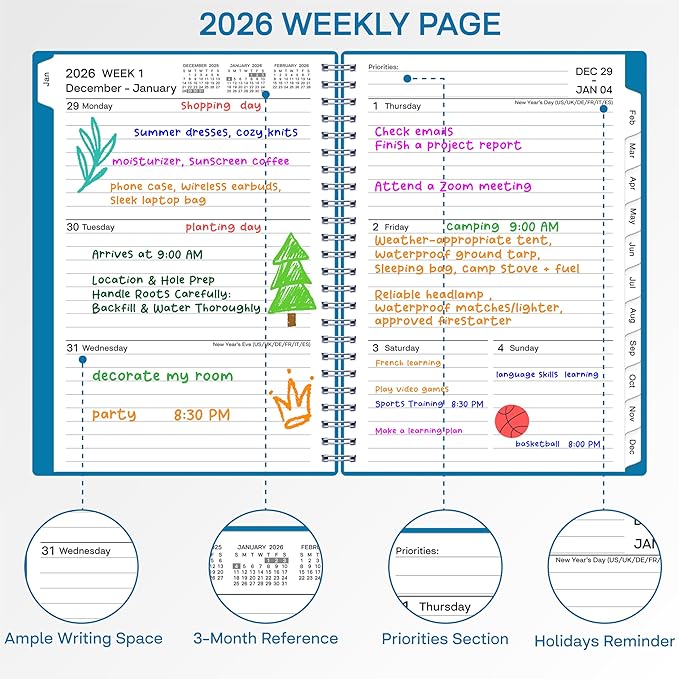 2026 Planner, Weekly ＆ Monthly Planner 2026, Jan 2026 – Dec 2026, 6.2" x 8.42", Flexible Cover, 12 Monthly Tabs, Thick Paper, Spiral Wirebound, Inner Pocket, A5, Green