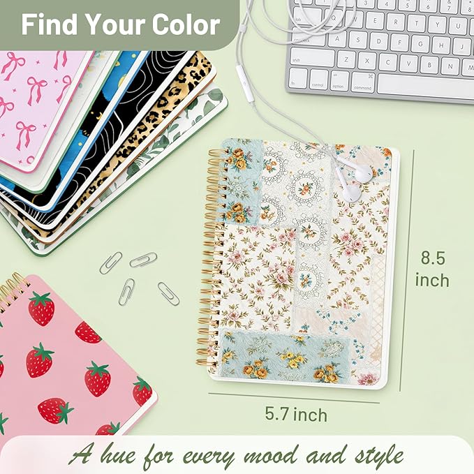 Stanoha Cute Spiral Notebook A5 Journal for Women Girls Kawaii Aesthetic Pretty Floral Design with Pocket, 8.5 x 5.7 inch, Graph, Patchwork Floral