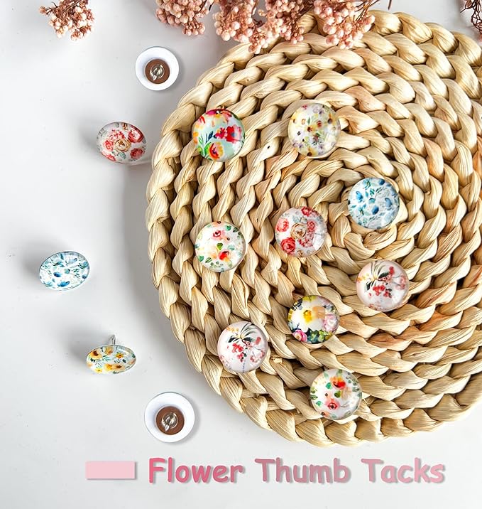 24Pcs Push Pins, Decorative Thumb Tacks,Floral Pins, Cute Push Pins for Cork Board Bulletin Board, Desk Accessories,Classroom,Home and Aesthetic Office Decor Supplies(Colorful Floral)