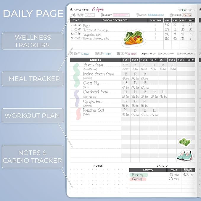 Clever Fox Fitness Journal PRO – Daily Workout Planner with Meal Planner & Habit Tracker – Gym Exercise Log Book for Women & Men – Fitness Planner Notebook – Lasts 6 Months, 7x10” - Light Blue