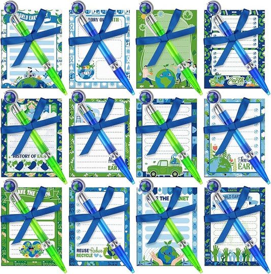 Eaasty 24 Sets Earth Day Gifts Bulk, Retractable Ballpoint Pen Set with Notepad and Ribbon World Earth Day Note Pads Pens Gifts for Office School Home Stationery Classroom Party Favors