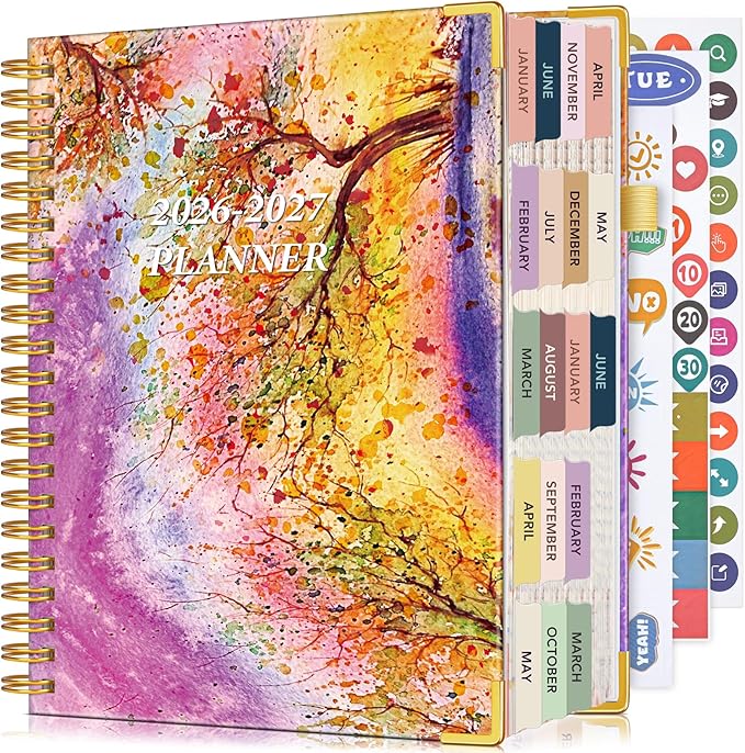 Planner 2026-2027, 18 Months Weekly and Monthly Daily Planner from January 2026 - June 2027, 5.75" x 8.38" A5 Hardcover Agenda Organizer Book 2026 with Tabs, Spiral Yearly Calendar Planners for School Work Home, Autumn Tree
