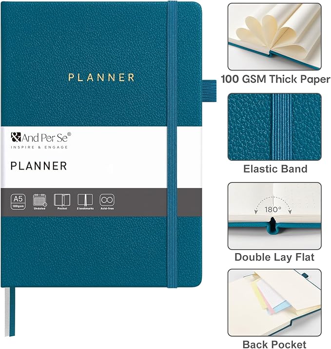 And Per Se Undated Planner – A5 Leather Hardcover Weekly & Monthly Goal Planner for 72 Weeks (1.5 Years) – with Goal & Habit Tracker (Dark Turquoise)