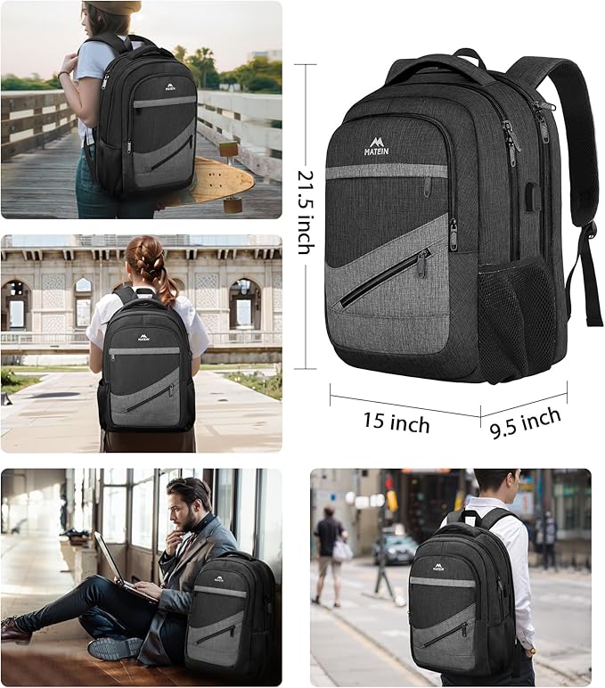 MATEIN Extra Large 50 L Travel Laptop Backpack, Water Resistant Work Computer Backpack with USB Charging Port, TSA Friendly Business Daypack with Multiple Organizer Pockets for Men, Black Grey