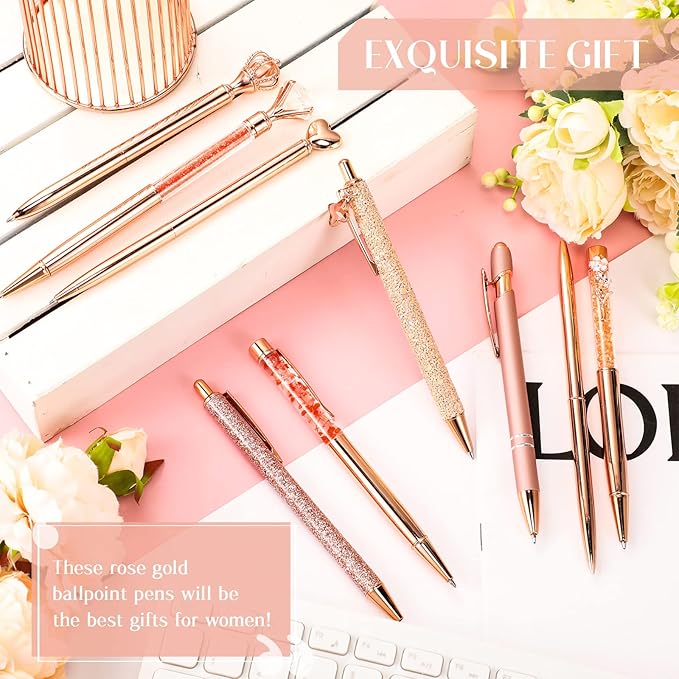 Janmini 9 Pcs Rose Gold Ballpoint Pens Set with Metal Crystal Diamond Design for Women - Fancy Pens for Journaling, Writing, Gifts