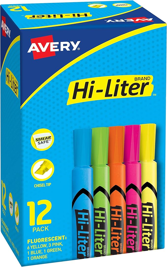 Avery Hi-Liter Desk-Style Highlighters, Smear Safe Ink, Chisel Tip is great for sketch book art, 12 Assorted Colors (98034)