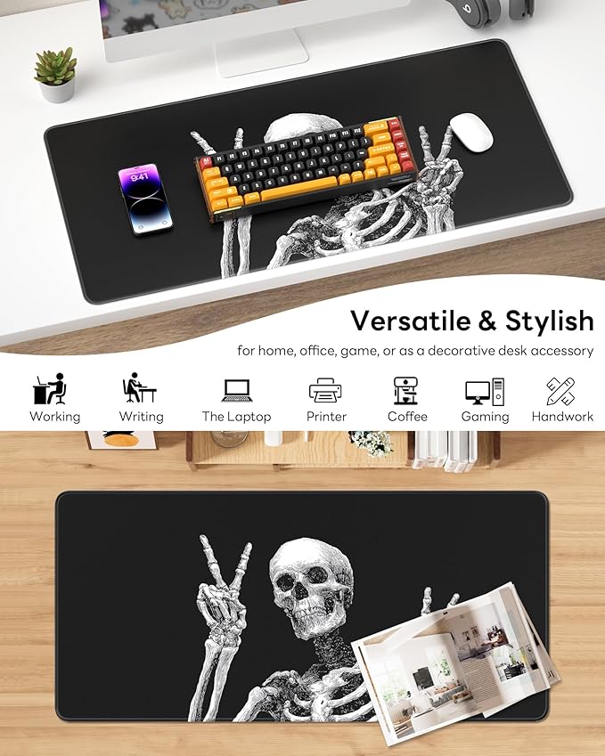 XL Gaming Mouse Pad, 31.5x17.5'' Large Desk Mat with Anti-Slip Rubber Base & Stitched Edges for Gaming, Office, Home - Fun Skull