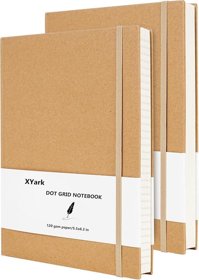 A5 Dot Grid Kraft Notebook Journals, Hardcover Subject Sketchbook Composition Notebooks with Dotted Grid Paper, 2 Pack, 120GSM, 102 Sheets, 5.5x8.3 inch, Travel Journal Set