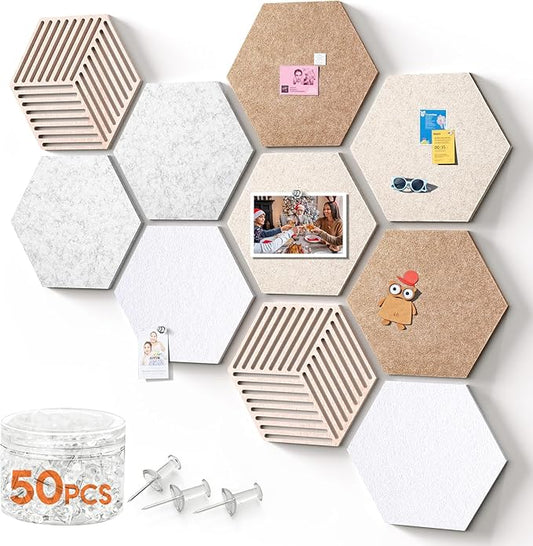 Hexagon Cork Boards for Walls Decor 10 Pack Cork Bulletin Board Tiles with 50 Pins,Pin Board for Office & Home for Notes Photos and DIY Classroom Decor (Minimalist Style)