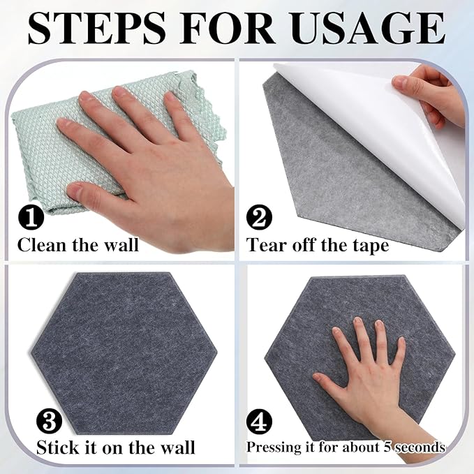 8 Pcs 12" Large Hexagon Felt Cork Board Tiles Self Adhesive DIY Bulletin Board Pin for Office Home Wall Decor Stickers Memos Photos Display with 10 Multi-Color Clip Drawing Pins(Black White)