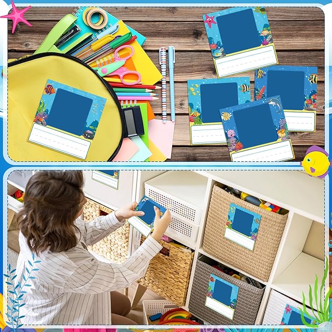 48 Pcs Photo Nameplates for Desk Name Tags Labels Stickers with Photo Space Self-Adhesive Labels Bulletin Board Colorful Indoor Decoration for Desk Bins Cubbies Office Supplies(Ocean)