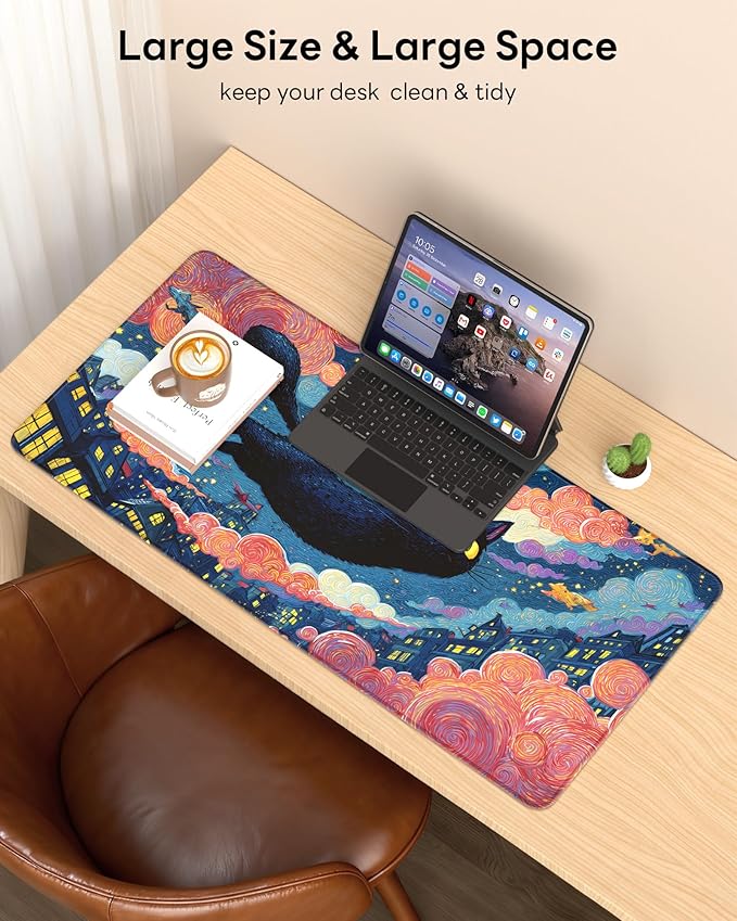 XL Gaming Mouse Pad, 31.5x17.5'' Large Desk Mat with Anti-Slip Rubber Base & Stitched Edges for Gaming, Office, Home - Flying Cat