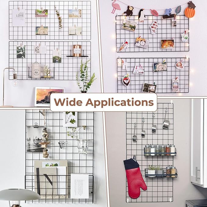 Lnrueg 2 Pack Wire Wall Grid Panel 30" x 15", Wall Grid Shelf with Photo Frames for Photo Display, Metal Mesh Message Board Memo Boards, Heavy Duty Gridwall Display Rack for Art Retail Display