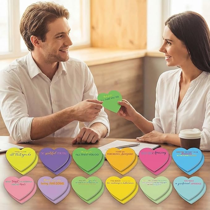 Teling 24 Pack Valentine's Day Sticky Notes Heart Shape Sticky Notes 3 x 3 Inch Thank You Notepads Bulk Cute Memo Pads for Galentines Party Gifts School Office Supplies (Bright)