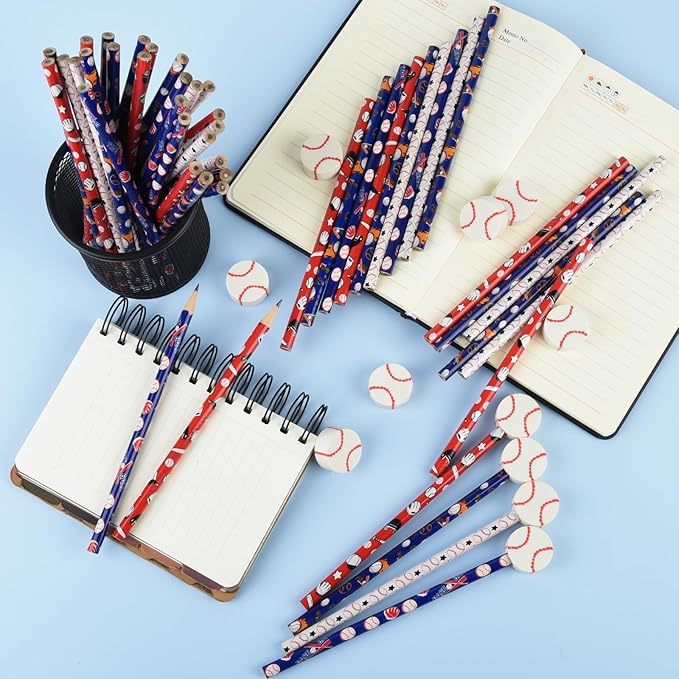 48 Pcs Baseball Pencils and Erasers for Birthday Gifts Baseball Favors Assortment Stationery Pencils for Office School Supplies Classroom Rewards.