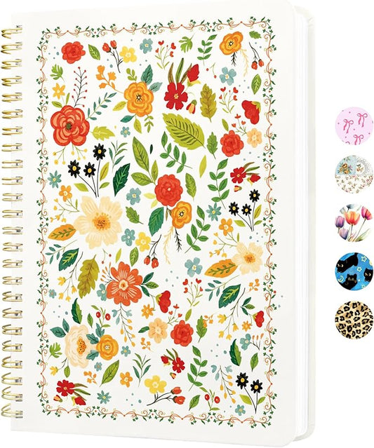 Stanoha Cute Spiral Notebook A5 Journal for Women Girls Kawaii Aesthetic Pretty Floral Design with Pocket, 8.5 x 5.7 inch, Graph, Beige Floral