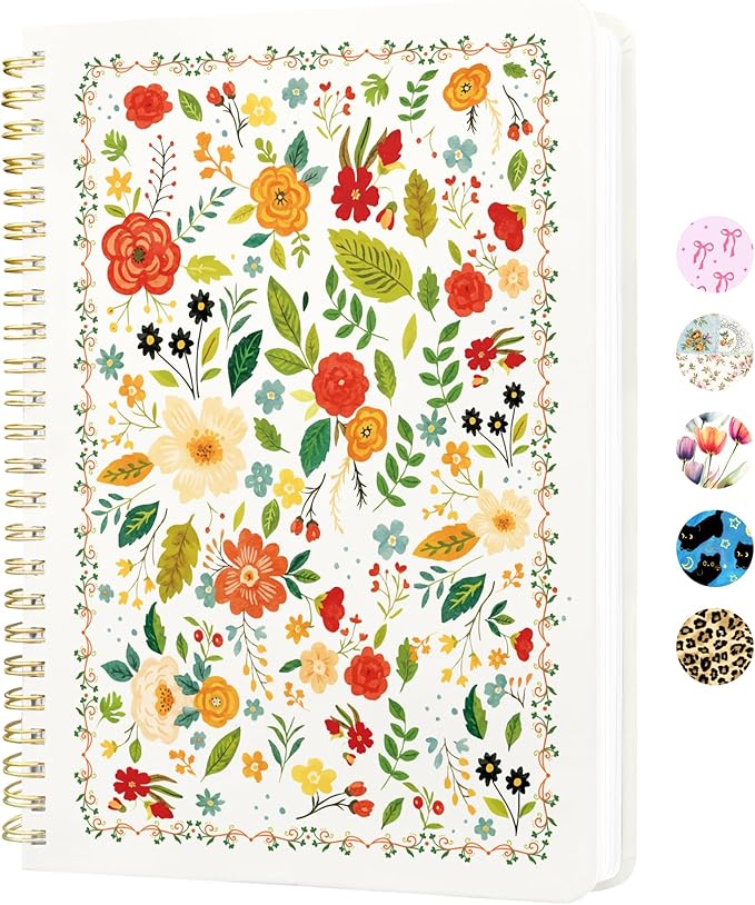 Stanoha Cute Spiral Notebook A5 Journal for Women Girls Kawaii Aesthetic Pretty Floral Design with Pocket, 8.5 x 5.7 inch, Line, Beige Floral