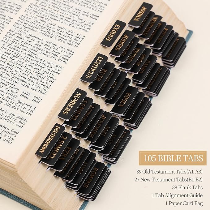 Laminated Bible Tabs, Gold Foil Embossed Lettering Bible Chapter Index Tabs for Women Men, Reposition Large Print Sticky Labels, Easy to Read and Apply, 105Chapters Labels for Easy Navigation (Black)