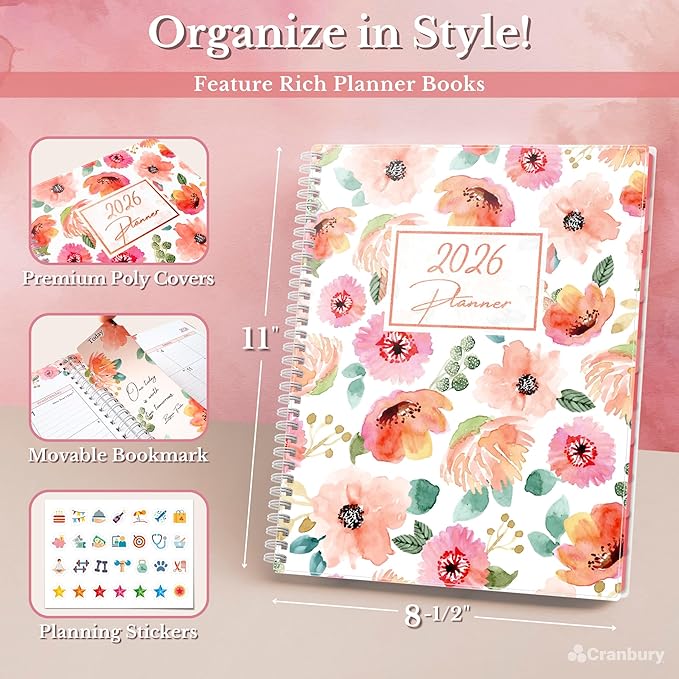 CRANBURY Large Planner 2026, 8.5x11 Weekly Monthly Calendar Agenda, from Jan to Dec Daily Organizer, Floral Theme, Spiral Bound Planner with Tabs