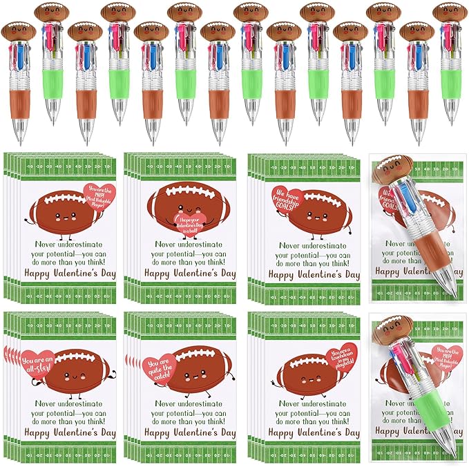 Colarr 24 Set Football Valentines Gifts Multicolor Pens with Positive Cards for Valentines Day Party Favors Classroom Prizes Students Football Team Goodie Bags Stuffers 4 in 1 Ballpoint Pens