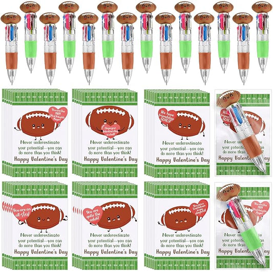 Colarr 24 Set Football Valentines Gifts Multicolor Pens with Positive Cards for Valentines Day Party Favors Classroom Prizes Students Football Team Goodie Bags Stuffers 4 in 1 Ballpoint Pens
