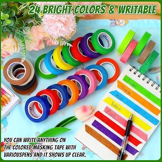 24 Rolls Bulk Colored Masking Tape for Art, 0.6 inch x 360 Yards for Crafts, Labeling, DIY Decorative, colored painters tape, Rainbow Colors Tape for General Use Projects, Easy Tear No Residue