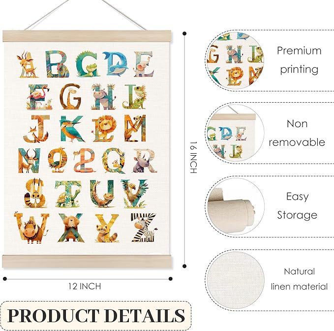 Koesus Wild Animal Alphabet Wall Art Poster Hanger Frame 12x16 Inch, ABC Alphabet Educational Canvas Pictures Prints Framed Wall Decor for Classroom Toddler Kids Room Nursery Preschool Playroom