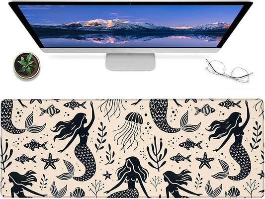 Vintage Mermaid Gaming Mouse Pad – 12x31.5in Large Extended Desk Mat with Retro Ocean Fantasy Design – Non-Slip Rubber Mousepad for Office Home– Deskmat Gifts for Girls Decor