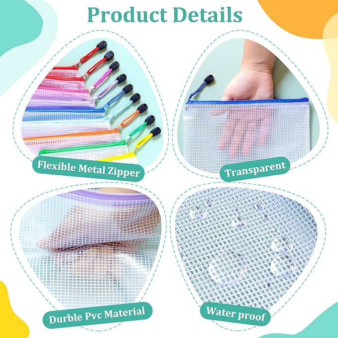 Mesh 24pcs Zipper Pouch Bags - A3 Size, 8 Color Mesh Zipper Pouches for Organizing, Board Game, Travel, School & Office