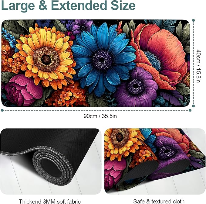 Flowers Extended Gaming Mouse Pad 35.4x15.7Inch Large Desk Mat Anti-Slip Rubber Base & Durable Stitched Edges for Gamers Smooth Mouse Writing Surface for Desk Office/Home