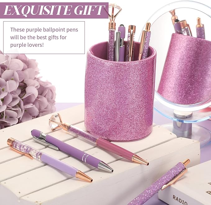 Sabary 8 Pcs Ballpoint Pens with Pen Holder for Desk Glitter Crystal Diamond Fancy Pencil Holder Bling Desk Organizer Cute Stationery Supplies for Women Girls Wedding Office School Gifts(Violet)