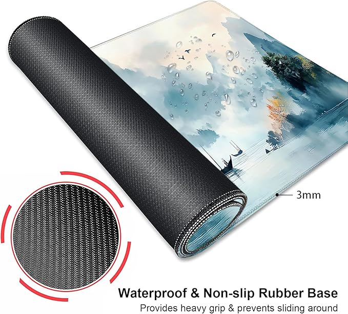 Japanese Mountain Landscape Painting Large Mouse Pad, Desk Mat Computer Keyboard Pad Non-Slip Rubber Base Waterproof with Stitched Edges for Laptop Gaming, Office & Home 31.5 x 11.8 Inch
