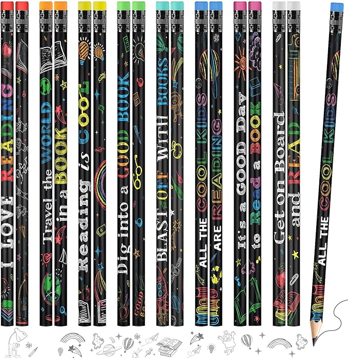 Pasimy 600 Pcs Reading Motivational Pencils Bulk Black Novelty Wooden Pencils with Eraser Classroom Inspirational Pen with Sayings for Kids Student Teacher School Reward Gifts Stationery Party