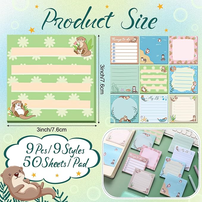 9 Pads Otter Sticky Notes 3x3 Inch Cute Self Stick Notepads Notes Adhesive Memo Pad Office Decor Gifts for Students School Teacher Meeting Office Supplies