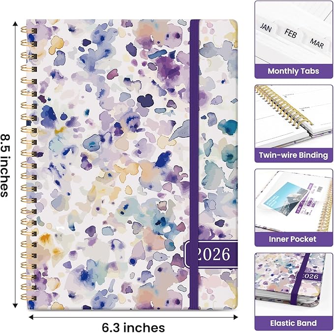 2026 Planner, Weekly and Monthly Calendar Planner for Women, Jan 2026 - Dec 2026, Hardcover Planning Agenda book with Tabs, Spiral Bound, Inner Pocket, Perfect for School Office Supplies, 6.3" x 8.5" - Purple Blocks