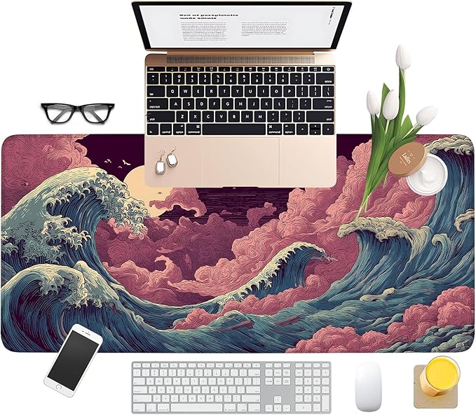 Japanese Great Wave XXL Extended Gaming Mouse Pad 35.4 x 15.7 Inch – Large Non-Slip Desk Mat with Smooth Cloth Surface, Stitched Edges, Ocean Wave Design for Gaming and Office