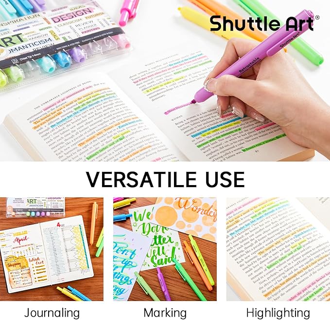 Shuttle Art Retractable Highlighters Assorted Colors, 12 Colors(6 Pastel & 6 Neon)Chisel Tip Fluorescent Markers, Quick-Dry Aesthetic Highlighter Pens for Kids Teens Adults, Perfect for School Office
