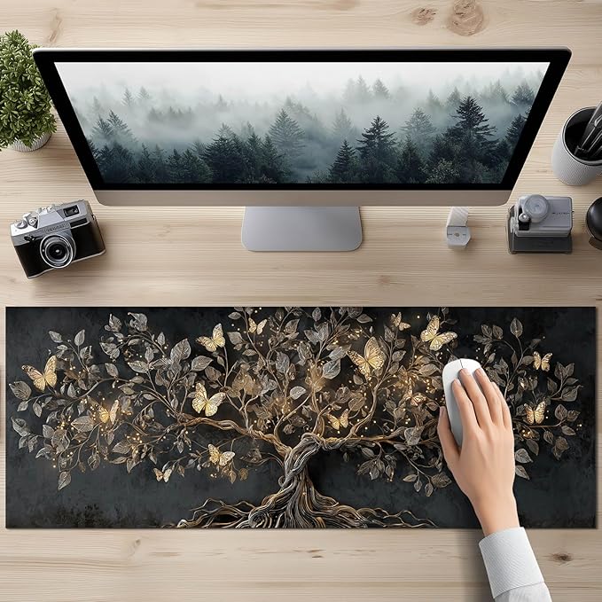 Large Mouse Pad Gaming Mousepad 31.5 x 11.8 Inch Keyboard Desktop Mat Diatomite XL Mouse Pad for Home and Office Desk Accessories with Golden Tree Butterfly Glow Artwork Diatomite