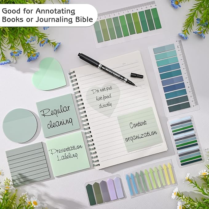 1450 Sheets Transparent Sticky Notes, 3 x 3 inch Aesthetic Clear Lined Sticky Notes with Pen, Gradient Color Waterproof Self-Adhesive Annotation Tabs for Bible Journaling (Green Series)