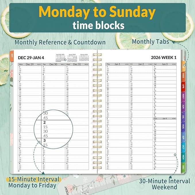 SUNEE 2026 Appointment Book, Quarter-Hourly, Weekly & Monthly - from January 2026 - December 2026, 8.5"x11" Weekly Planner, Flexible Cover, Note Pages, Pockets, Bookmark, Spiral Binding,