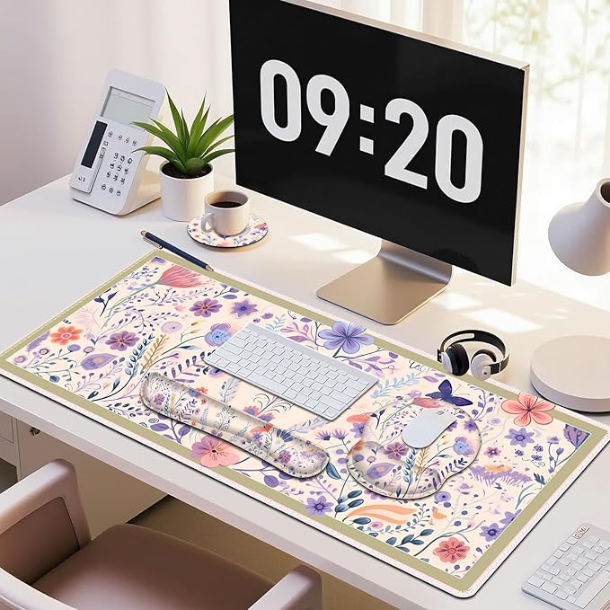 Cute Desk Mat, 4in1 Large Mouse Pad with Wrist Rest, Desk Matt for Desktop, Deskpad Mat, Anti-Slip XXL Computer Ergonomic Mousepad with Wrist Support for Keyboard and Mouse I Retro Purple Floral