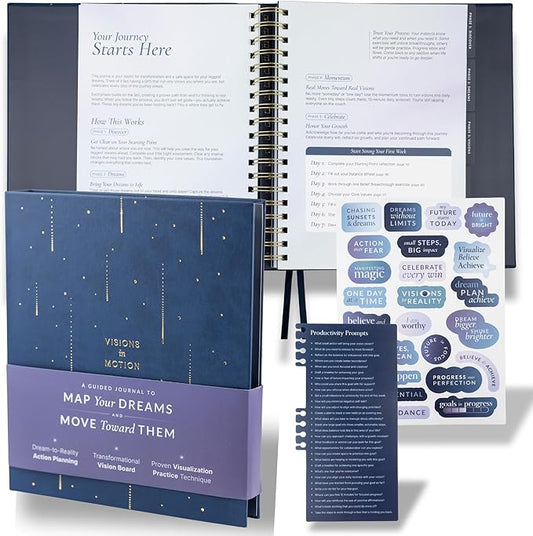 Manifestation Journal & Vision Board Kit Guided Journal | Habit Tracker & Goal Planner, Self Care & Reflection Tools | Undated Vegan Leather Hardcover | Visions in Motion Portable Vision Board (Navy)