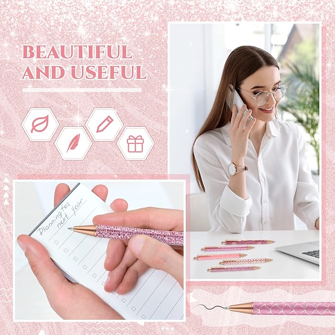 Sherr 7 Pcs Fancy Pens for Women Cute Sparkly Glitter Pens with 10 Pcs Black Ink Refills Pretty Gifts for Girls Office School Christmas Graduation(Cute)
