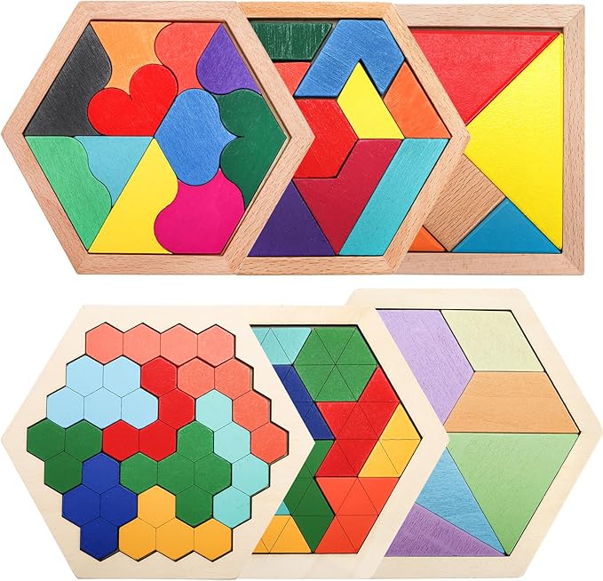 Yopay 6 Pack Wooden Tangrams Puzzles for Kids, 6 Styles Brain Teaser Hexagon Puzzle Block Geometric Shapes Jigsaw 3D Logic IQ Game
