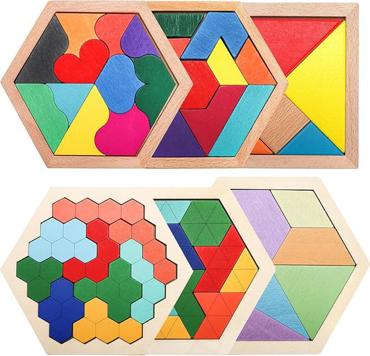 Yopay 6 Pack Wooden Tangrams Puzzles for Kids, 6 Styles Brain Teaser Hexagon Puzzle Block Geometric Shapes Jigsaw 3D Logic IQ Game
