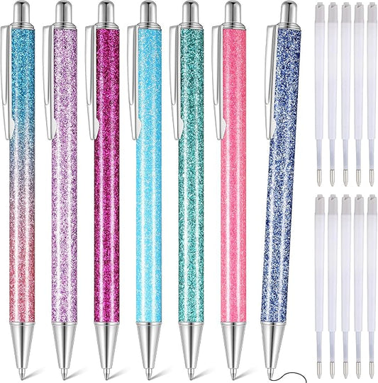 Sherr 7 Pcs Fancy Pens for Women Cute Sparkly Glitter Pens with 10 Pcs Black Ink Refills Pretty Gifts for Girls Office School Christmas Graduation(Glitter)