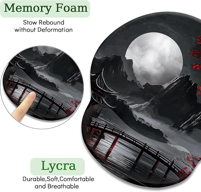 Japanese Mouse Pad with Wrist Rest, Full Moon Ergonomic Mouse Pad Wrist Support with Non-Slip Pain Relief PU Base, Funny Computer Mousepad, Japanese Style Office Home Desk Accessories Decor