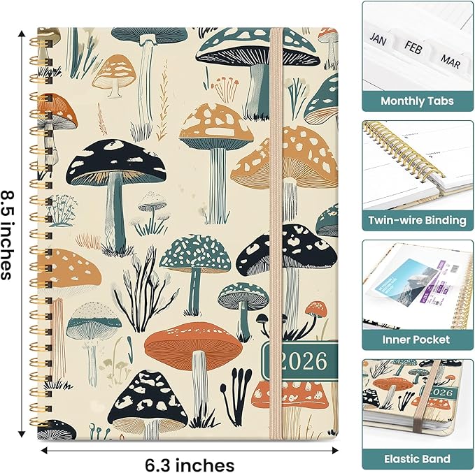 2026 Planner, Aesthetic Weekly and Monthly Planner for Women, Jan 2026 to Dec 2026, Hardcover 2026 Calendar Book with Monthly Tabs, Inner Pocket, Perfect for Office Home School - A5 (6.3" x 8.5"), Mushrooms Grove