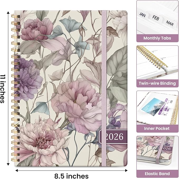 2026 Planner, Aesthetic Weekly and Monthly Planner for Women, Jan 2026 to Dec 2026, Hardcover 2026 Calendar Book with Monthly Tabs, Inner Pocket, Perfect for Office Home School - A4 (8.5" x 11"), Soft Peony